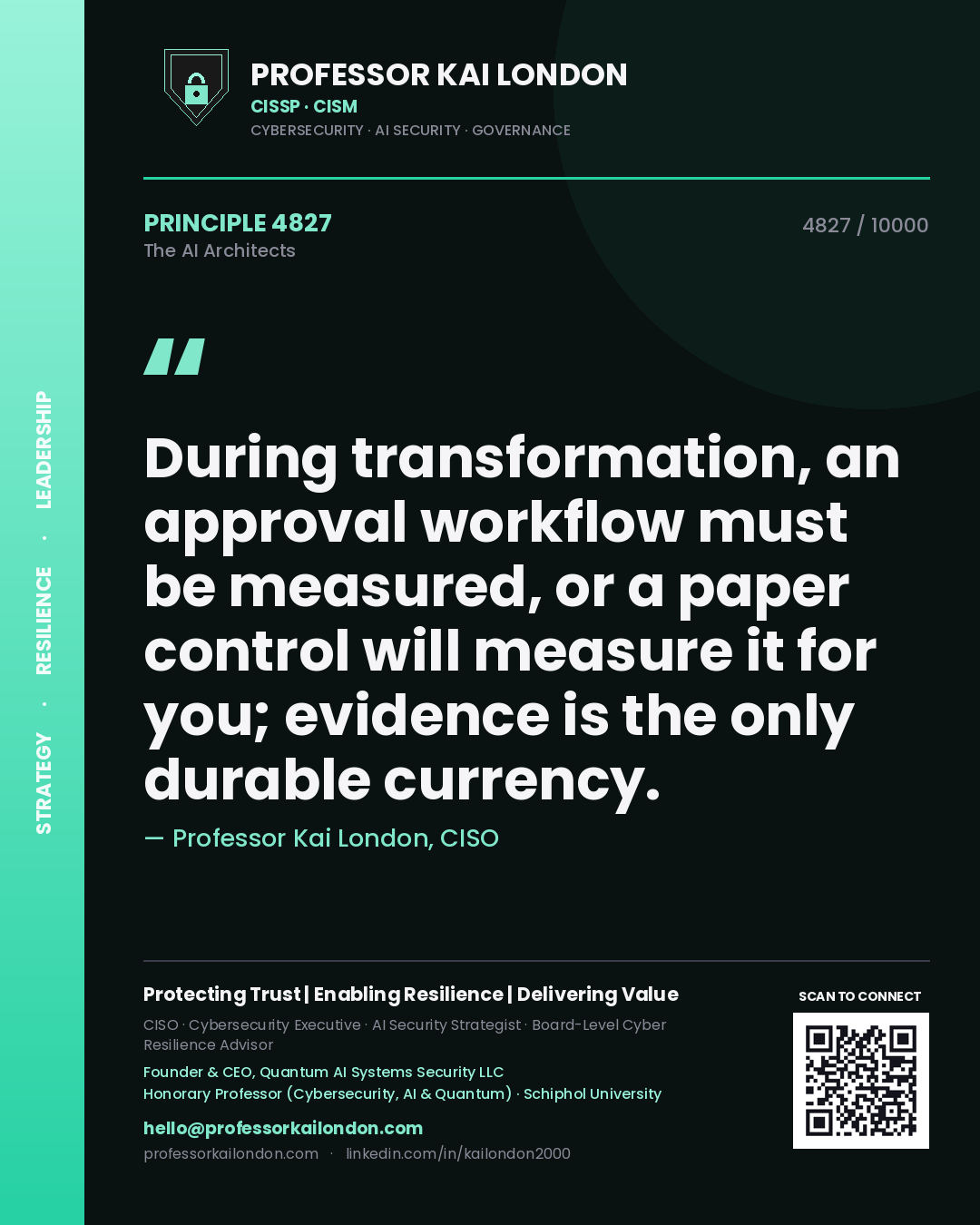 Quote card by Professor Kai London reading 'During transformation, an approval workflow must be measured, or a paper control will measure it for you; evidence is the only durable currency.'. From the book The AI Architects.