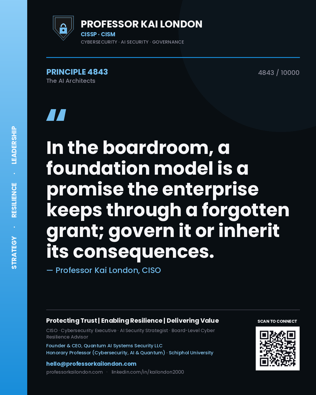 Quote card by Professor Kai London reading 'In the boardroom, a foundation model is a promise the enterprise keeps through a forgotten grant; govern it or inherit its consequences.'. From the book The AI Architects.