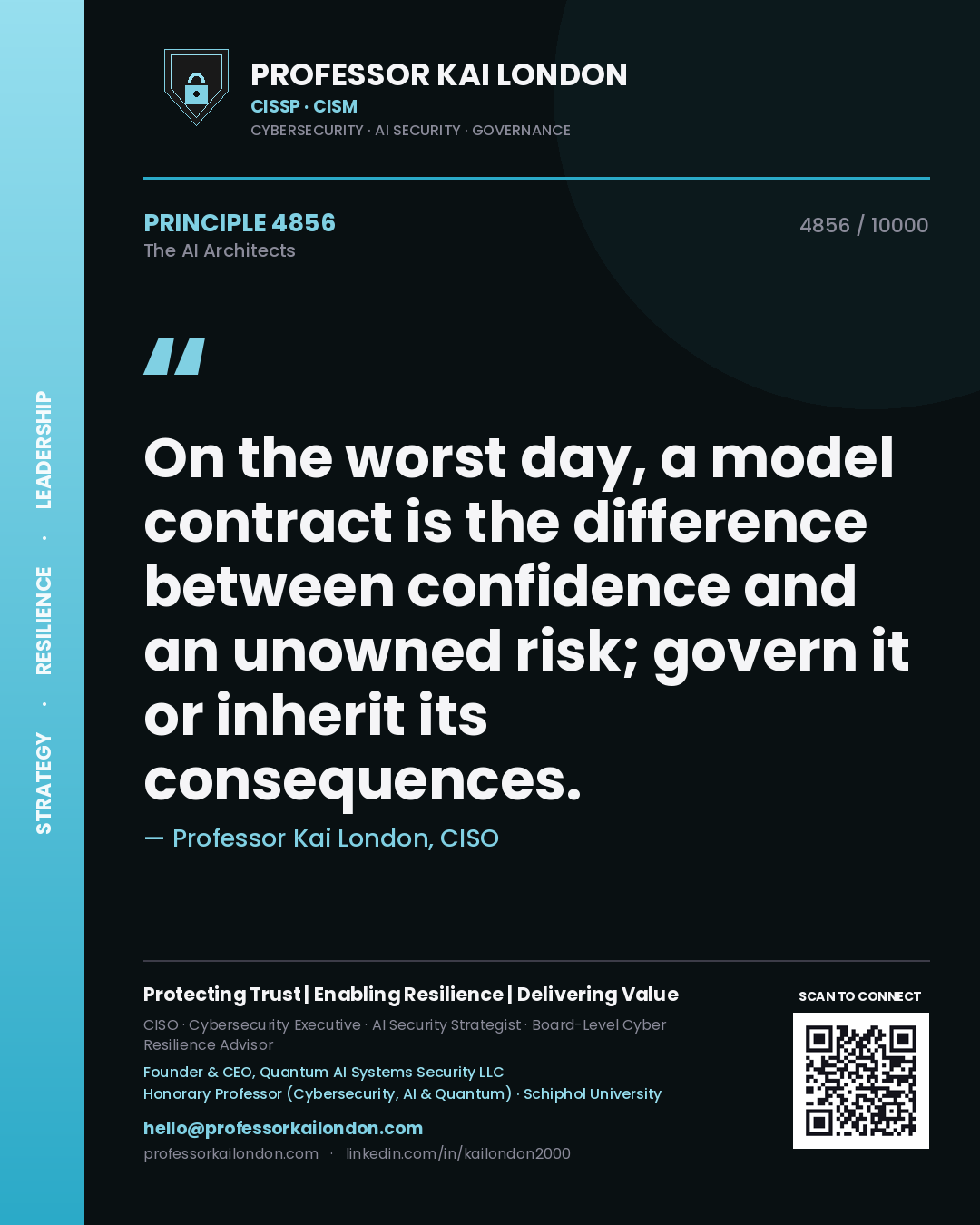 Quote card by Professor Kai London reading 'On the worst day, a model contract is the difference between confidence and an unowned risk; govern it or inherit its consequences.'. From the book The AI Architects.