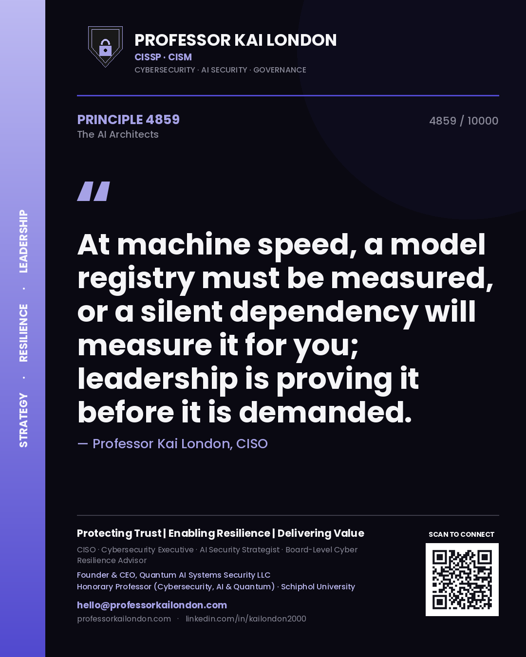 Quote card by Professor Kai London reading 'At machine speed, a model registry must be measured, or a silent dependency will measure it for you; leadership is proving it before it is demanded.'. From the book The AI Architects.