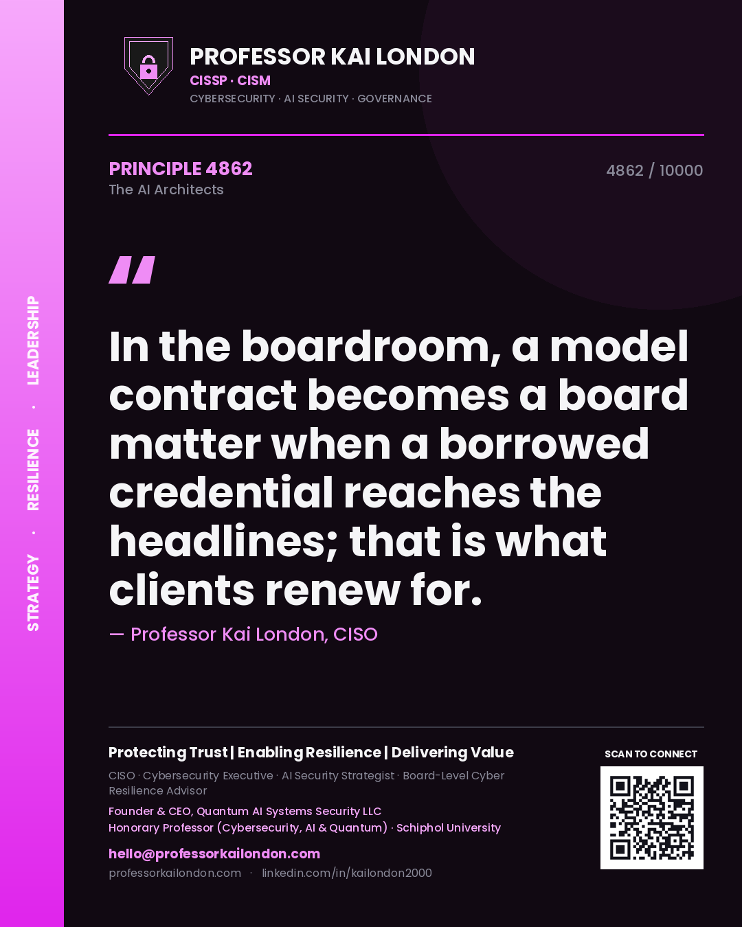 Quote card by Professor Kai London reading 'In the boardroom, a model contract becomes a board matter when a borrowed credential reaches the headlines; that is what clients renew for.'. From the book The AI Architects.