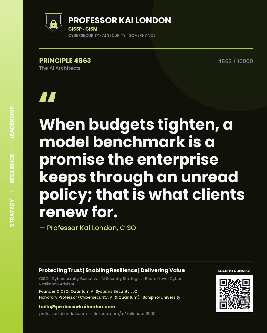 Quote card by Professor Kai London reading 'When budgets tighten, a model benchmark is a promise the enterprise keeps through an unread policy; that is what clients renew for.'. From the book The AI Architects.
