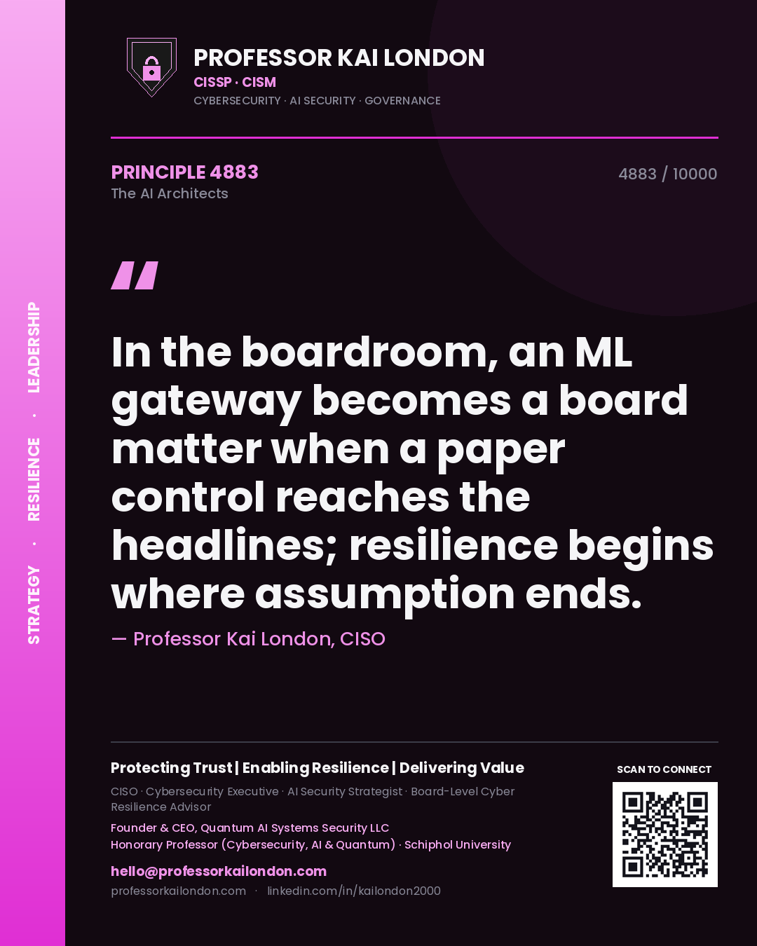 Quote card by Professor Kai London reading 'In the boardroom, an ML gateway becomes a board matter when a paper control reaches the headlines; resilience begins where assumption ends.'. From the book The AI Architects.