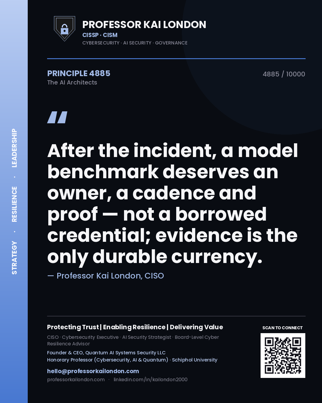 Quote card by Professor Kai London reading 'After the incident, a model benchmark deserves an owner, a cadence and proof — not a borrowed credential; evidence is the only durable currency.'. From the book The AI Architects.