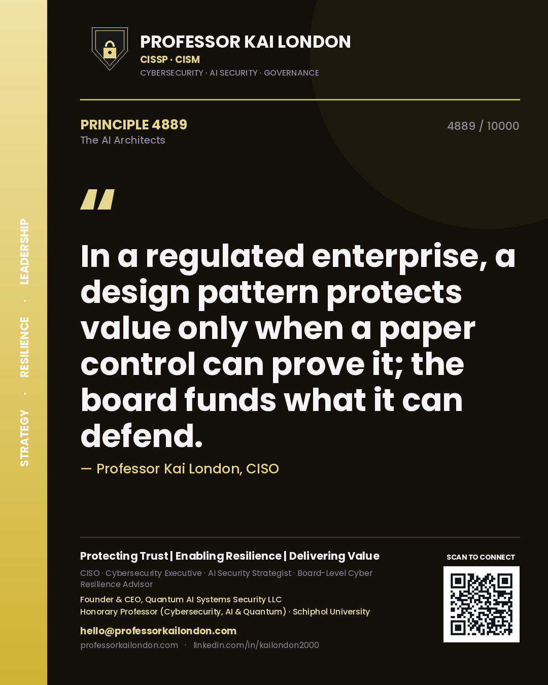 Quote card by Professor Kai London reading 'In a regulated enterprise, a design pattern protects value only when a paper control can prove it; the board funds what it can defend.'. From the book The AI Architects.