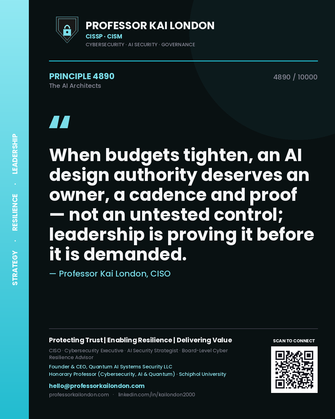 Quote card by Professor Kai London reading 'When budgets tighten, an AI design authority deserves an owner, a cadence and proof — not an untested control; leadership is proving it before it is demanded.'. From the book The AI Architects.