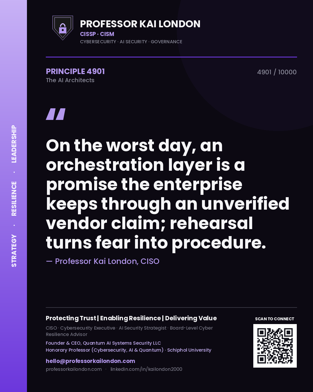 Professor Kai London principle 4901: On the worst day, an orchestration layer is a promise the enterprise keeps through an unverified vendor claim; rehearsal turns fear into procedure.