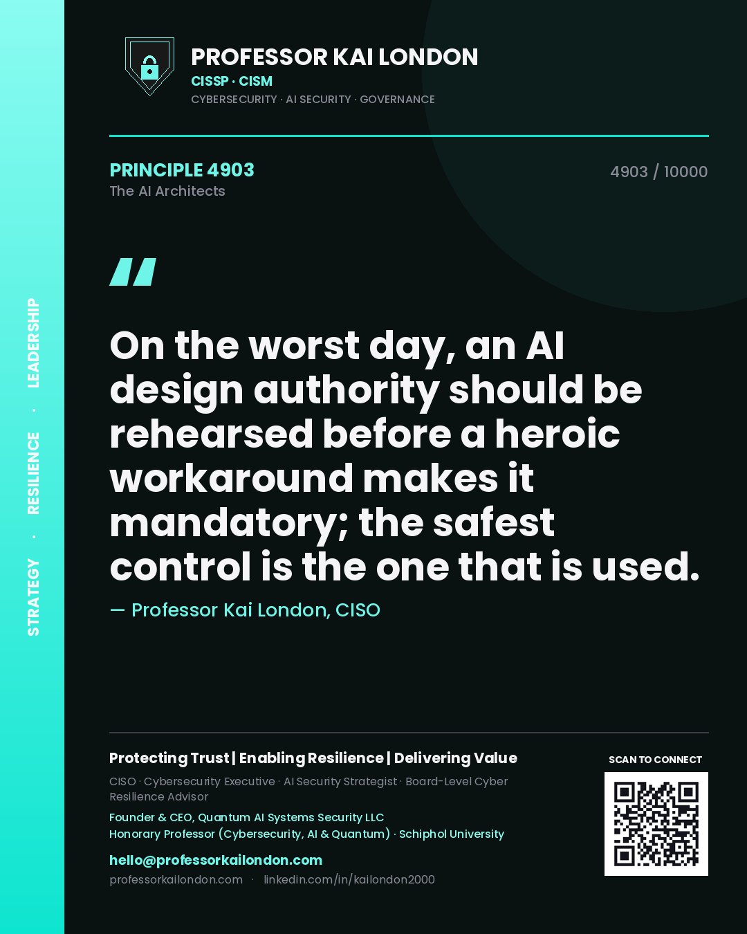 Quote card by Professor Kai London reading 'On the worst day, an AI design authority should be rehearsed before a heroic workaround makes it mandatory; the safest control is the one that is used.'. From the book The AI Architects.