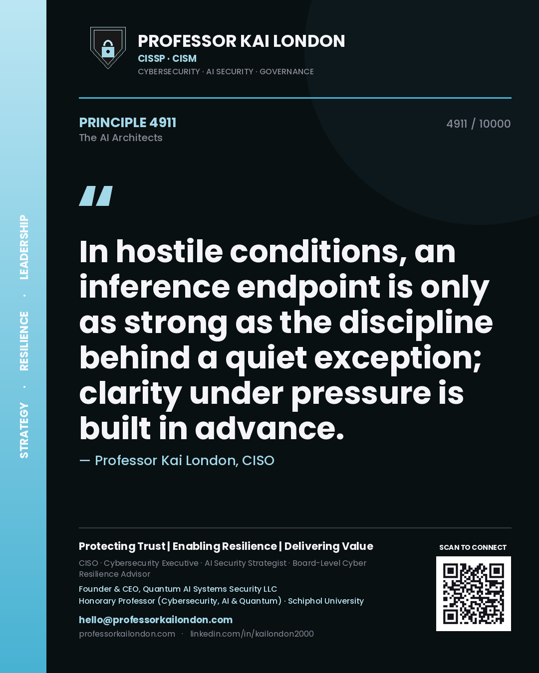 Quote card by Professor Kai London reading 'In hostile conditions, an inference endpoint is only as strong as the discipline behind a quiet exception; clarity under pressure is built in advance.'. From the book The AI Architects.