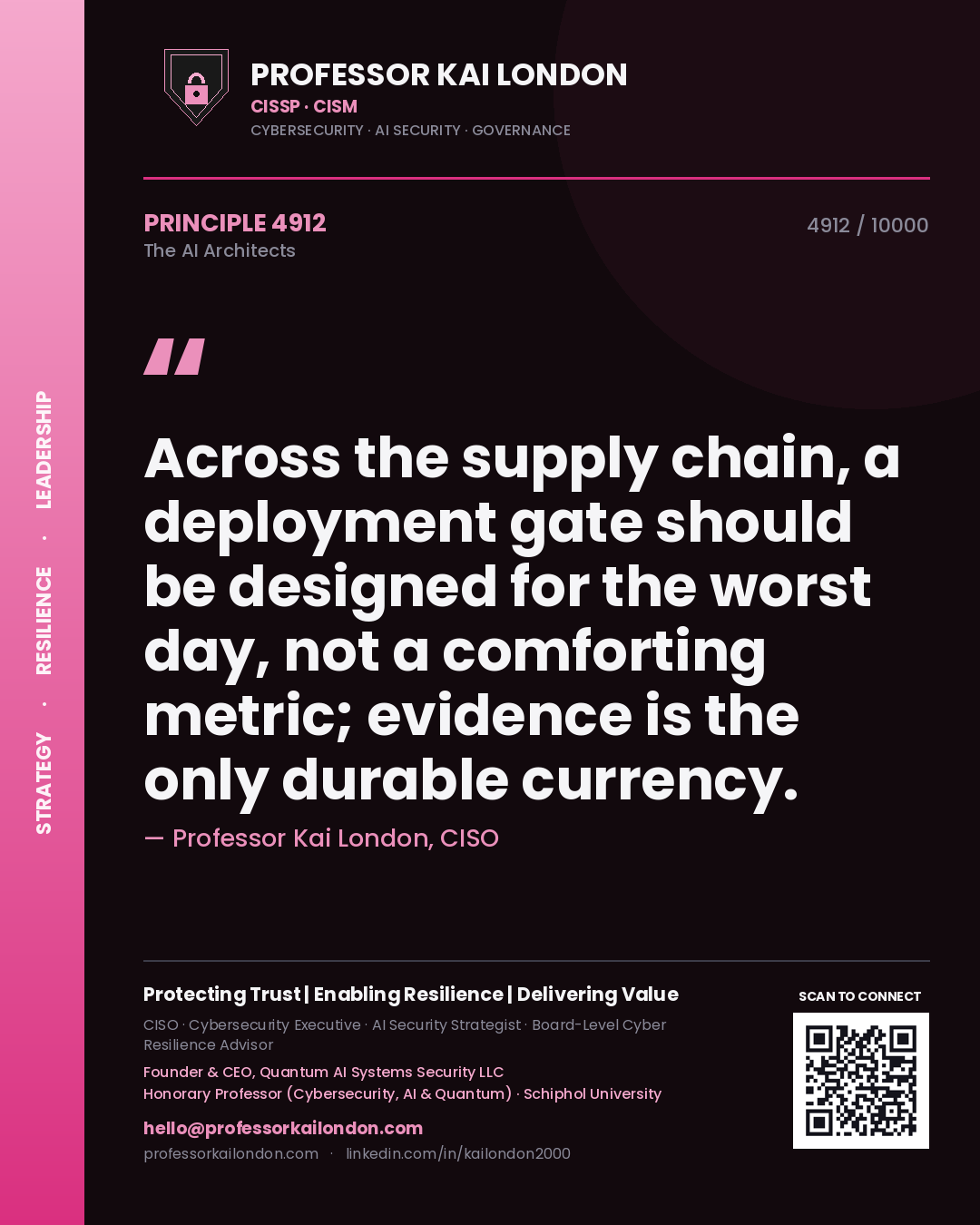 Quote card by Professor Kai London reading 'Across the supply chain, a deployment gate should be designed for the worst day, not a comforting metric; evidence is the only durable currency.'. From the book The AI Architects.