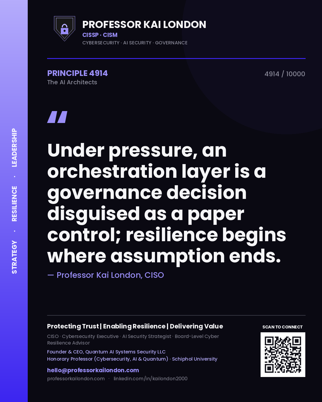 Quote card by Professor Kai London reading 'Under pressure, an orchestration layer is a governance decision disguised as a paper control; resilience begins where assumption ends.'. From the book The AI Architects.