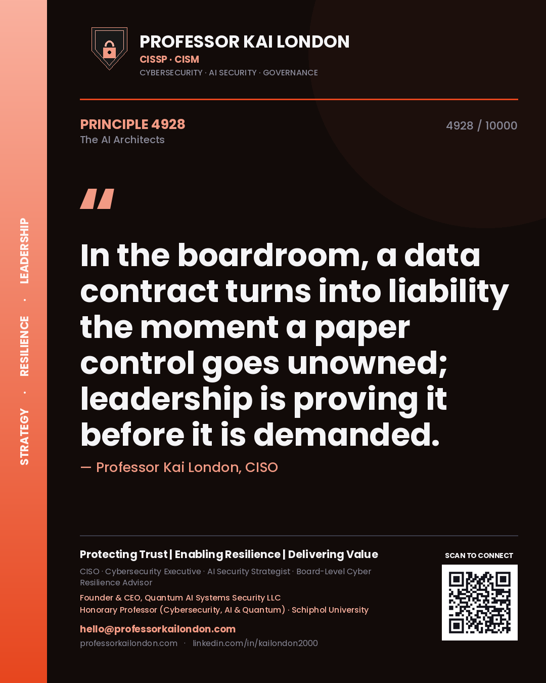 Quote card by Professor Kai London reading 'In the boardroom, a data contract turns into liability the moment a paper control goes unowned; leadership is proving it before it is demanded.'. From the book The AI Architects.