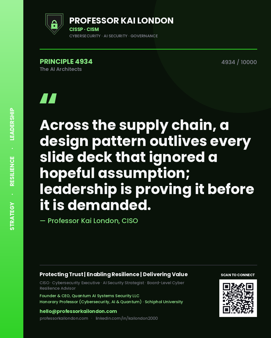 Quote card by Professor Kai London reading 'Across the supply chain, a design pattern outlives every slide deck that ignored a hopeful assumption; leadership is proving it before it is demanded.'. From the book The AI Architects.