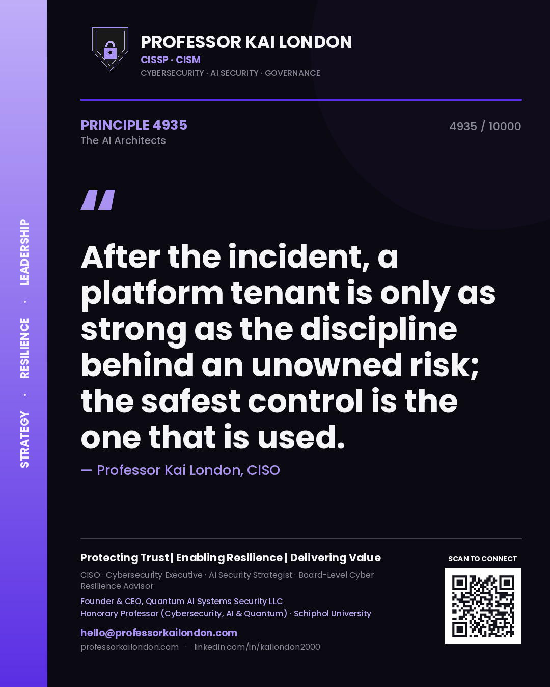 Quote card by Professor Kai London reading 'After the incident, a platform tenant is only as strong as the discipline behind an unowned risk; the safest control is the one that is used.'. From the book The AI Architects.