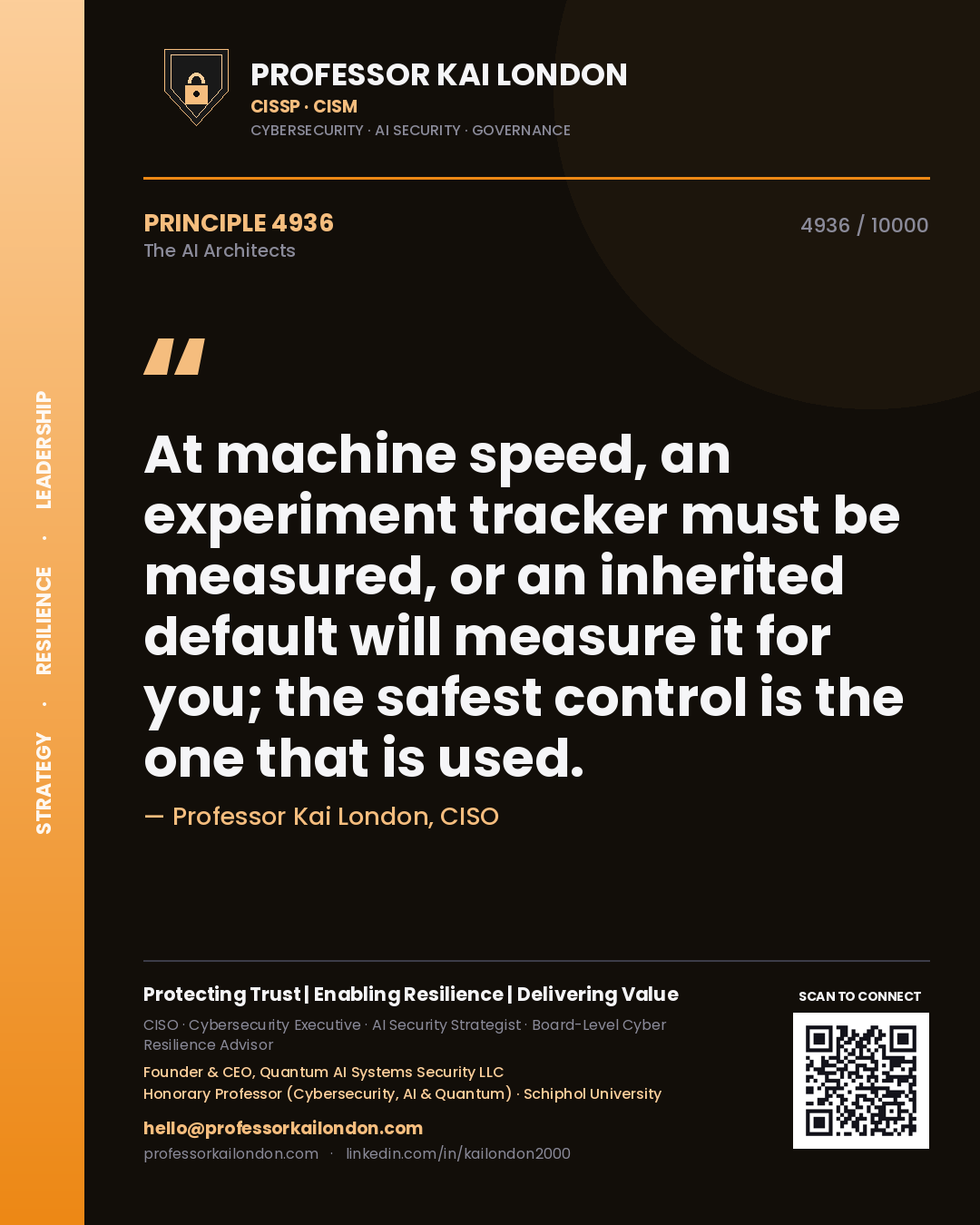 Quote card by Professor Kai London reading 'At machine speed, an experiment tracker must be measured, or an inherited default will measure it for you; the safest control is the one that is used.'. From the book The AI Architects.