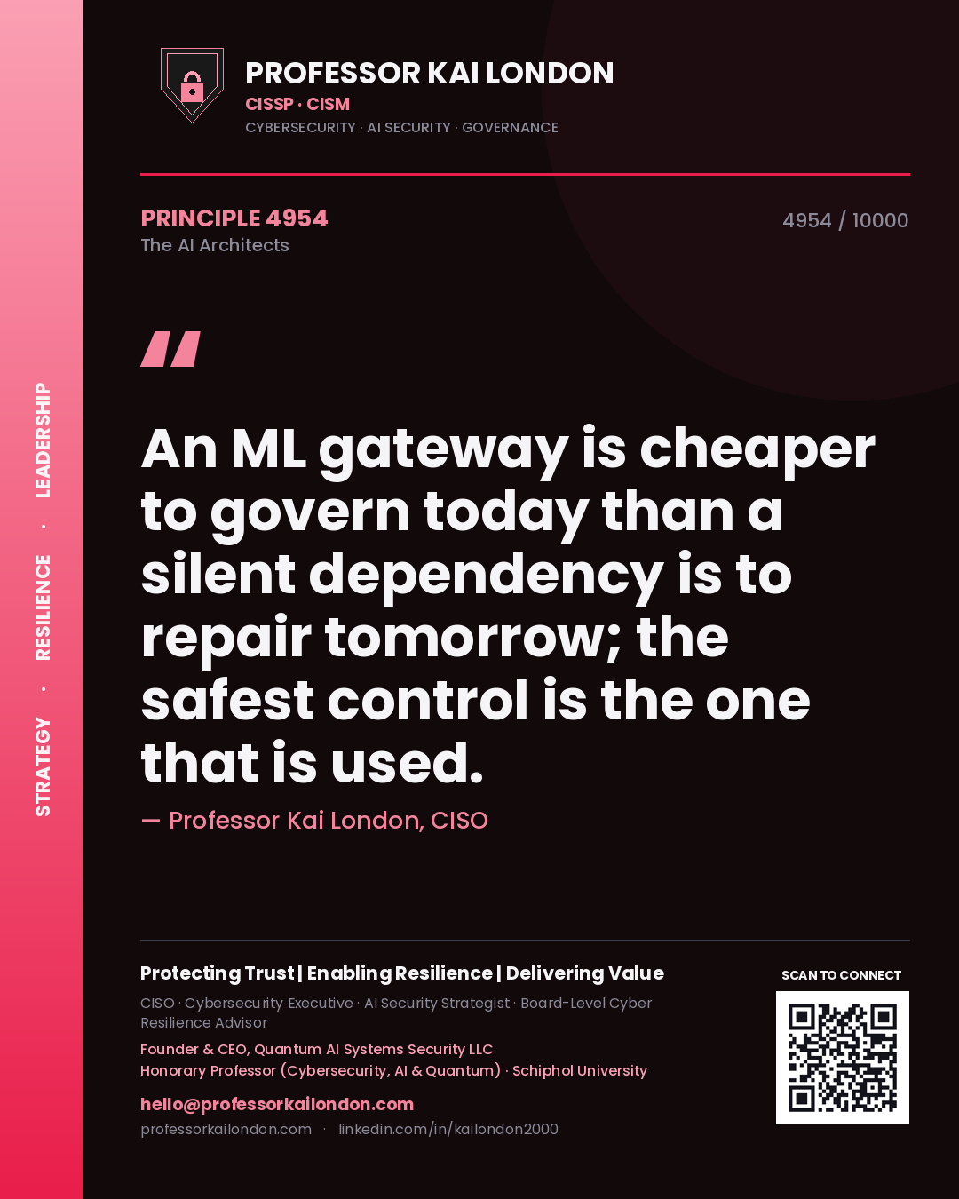 Quote card by Professor Kai London reading 'An ML gateway is cheaper to govern today than a silent dependency is to repair tomorrow; the safest control is the one that is used.'. From the book The AI Architects.