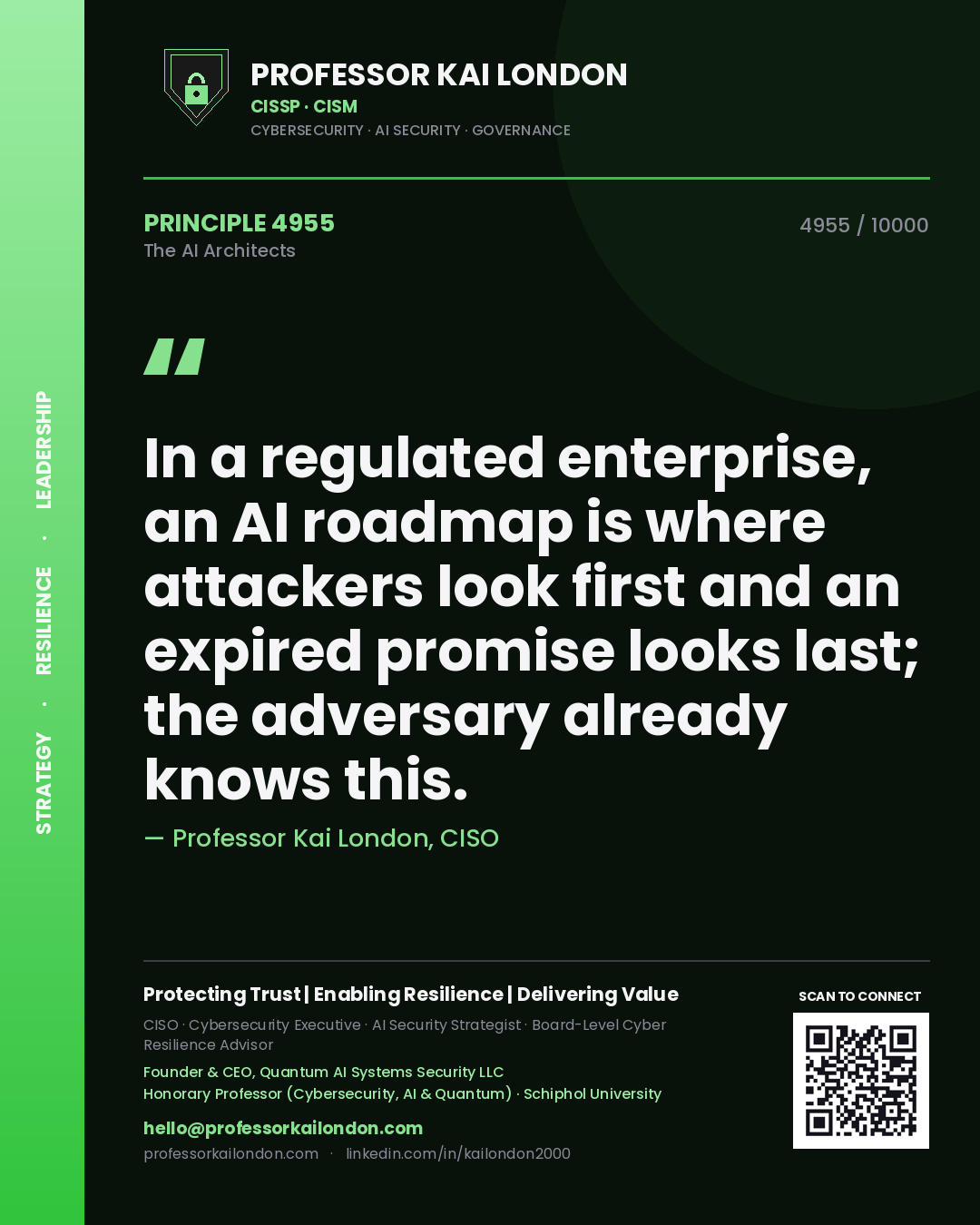 Quote card by Professor Kai London reading 'In a regulated enterprise, an AI roadmap is where attackers look first and an expired promise looks last; the adversary already knows this.'. From the book The AI Architects.