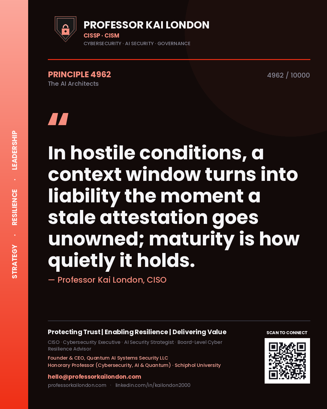 Professor Kai London principle 4962: In hostile conditions, a context window turns into liability the moment a stale attestation goes unowned; maturity is how quietly it holds.