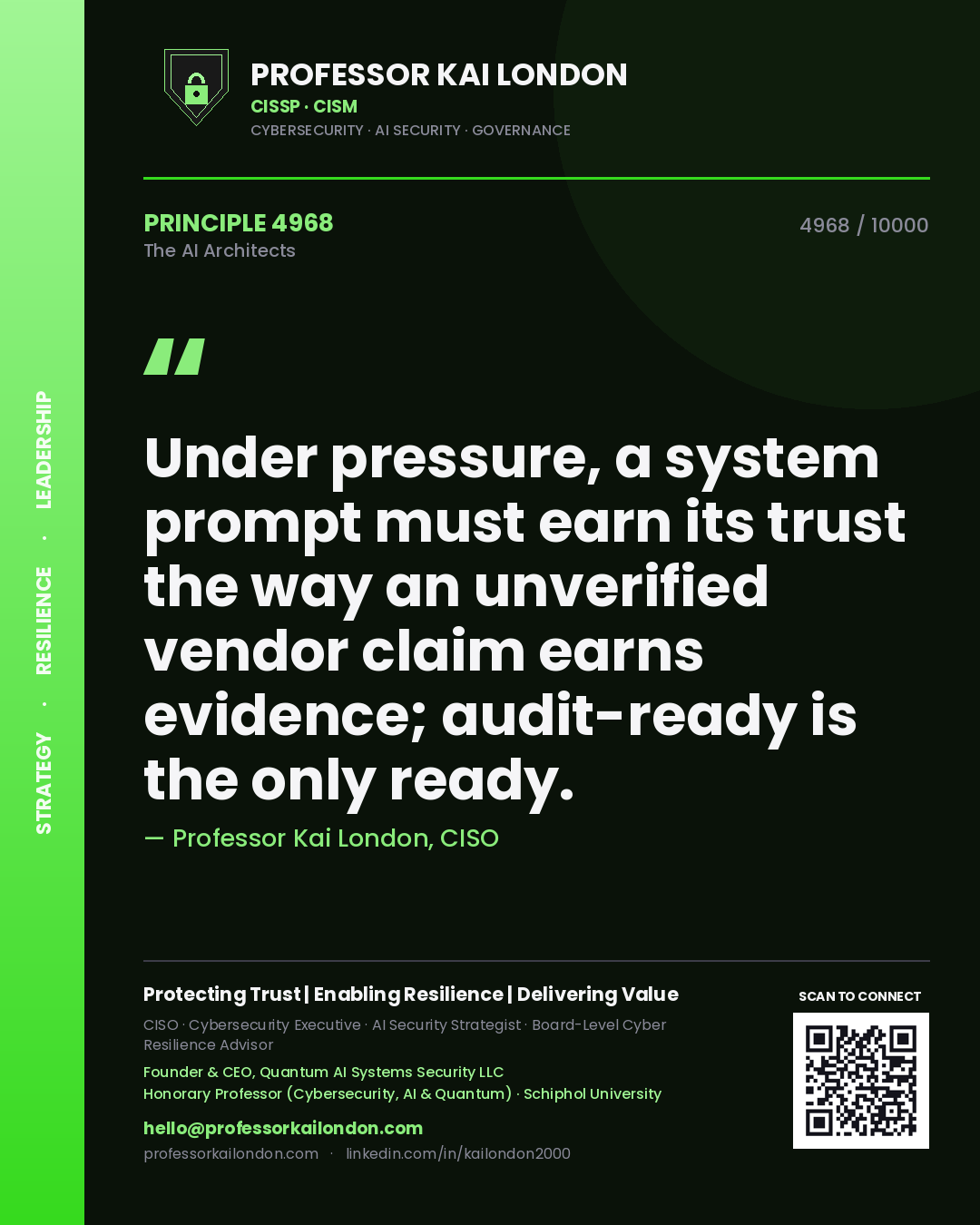Quote card by Professor Kai London reading 'Under pressure, a system prompt must earn its trust the way an unverified vendor claim earns evidence; audit-ready is the only ready.'. From the book The AI Architects.