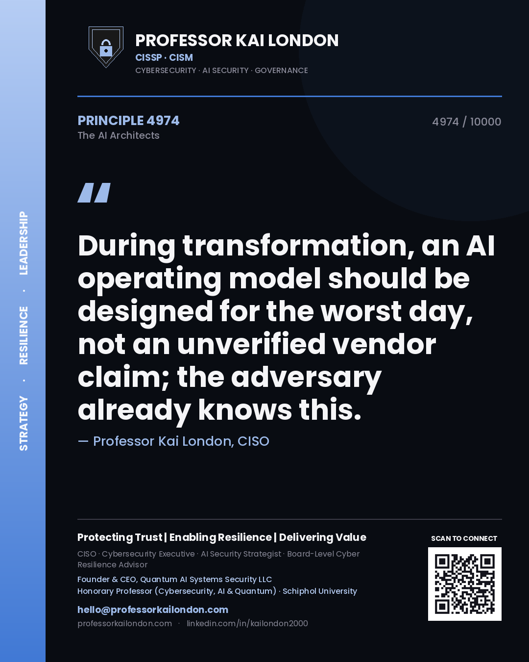 Quote card by Professor Kai London reading 'During transformation, an AI operating model should be designed for the worst day, not an unverified vendor claim; the adversary already knows this.'. From the book The AI Architects.