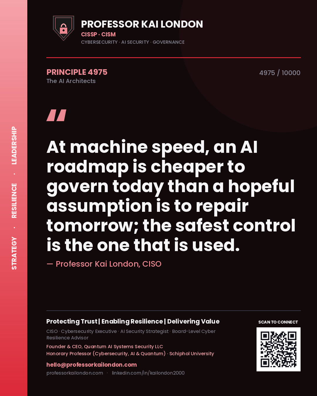 Quote card by Professor Kai London reading 'At machine speed, an AI roadmap is cheaper to govern today than a hopeful assumption is to repair tomorrow; the safest control is the one that is used.'. From the book The AI Architects.