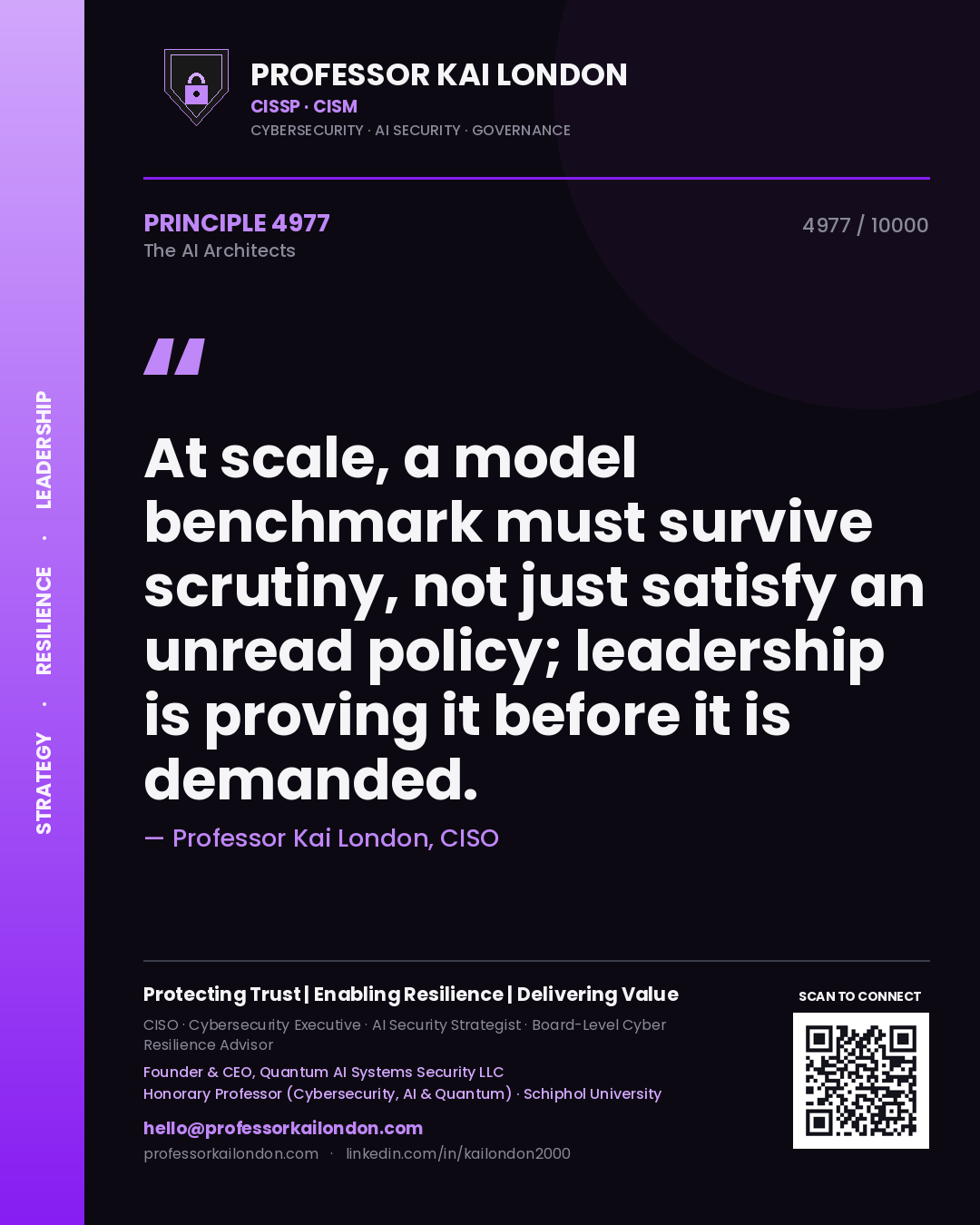 Quote card by Professor Kai London reading 'At scale, a model benchmark must survive scrutiny, not just satisfy an unread policy; leadership is proving it before it is demanded.'. From the book The AI Architects.