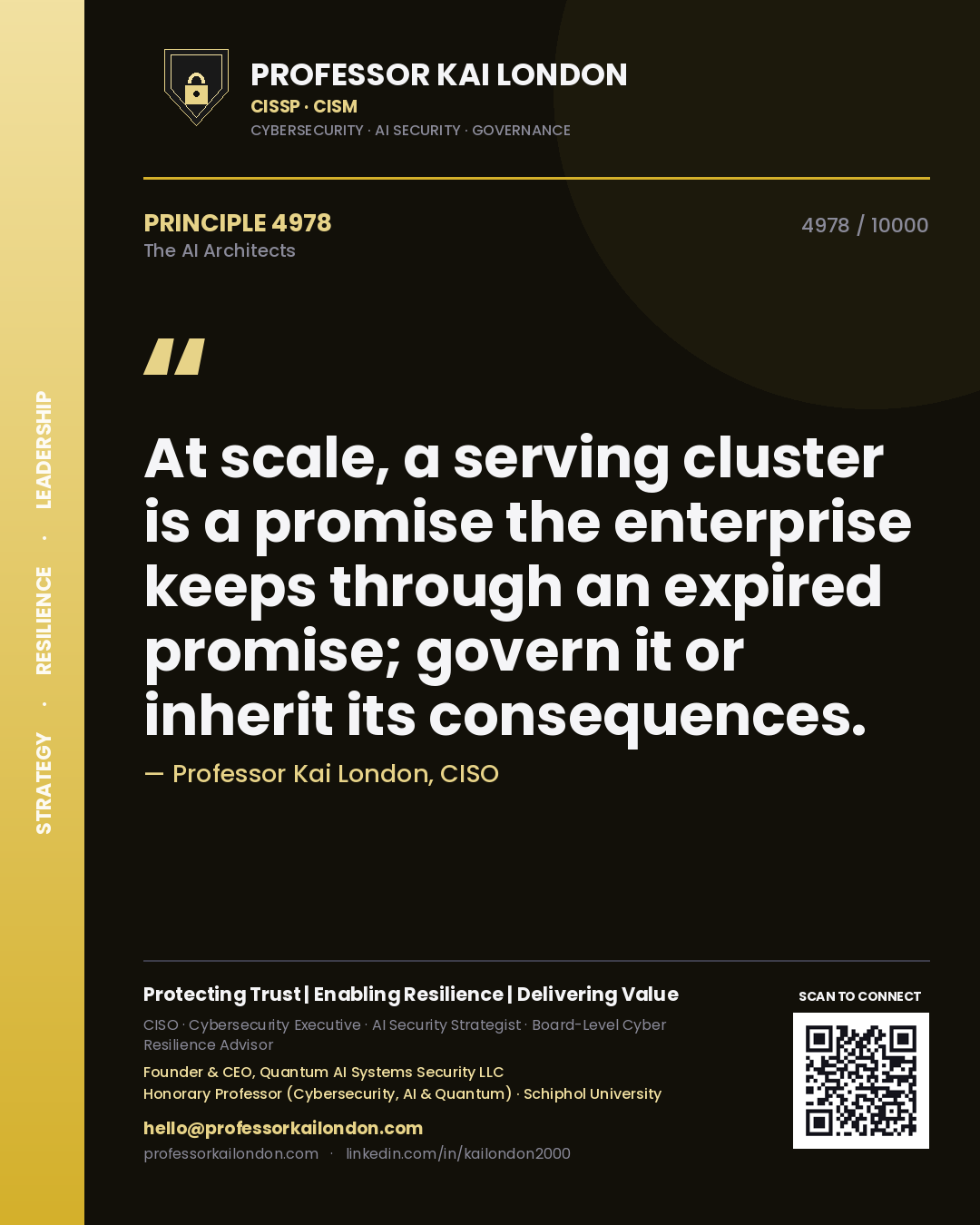 Quote card by Professor Kai London reading 'At scale, a serving cluster is a promise the enterprise keeps through an expired promise; govern it or inherit its consequences.'. From the book The AI Architects.