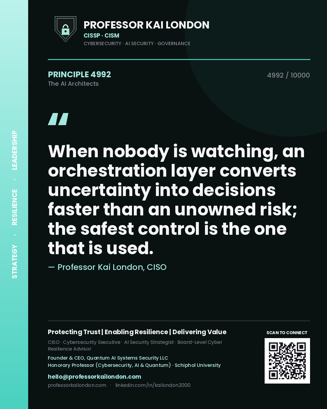 Quote card by Professor Kai London reading 'When nobody is watching, an orchestration layer converts uncertainty into decisions faster than an unowned risk; the safest control is the one that is used.'. From the book The AI Architects.