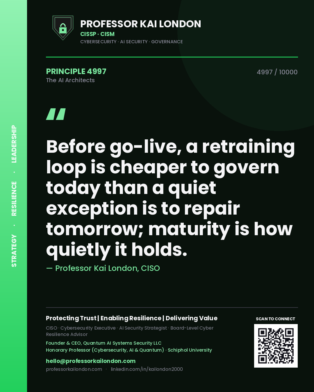 Quote card by Professor Kai London reading 'Before go-live, a retraining loop is cheaper to govern today than a quiet exception is to repair tomorrow; maturity is how quietly it holds.'. From the book The AI Architects.