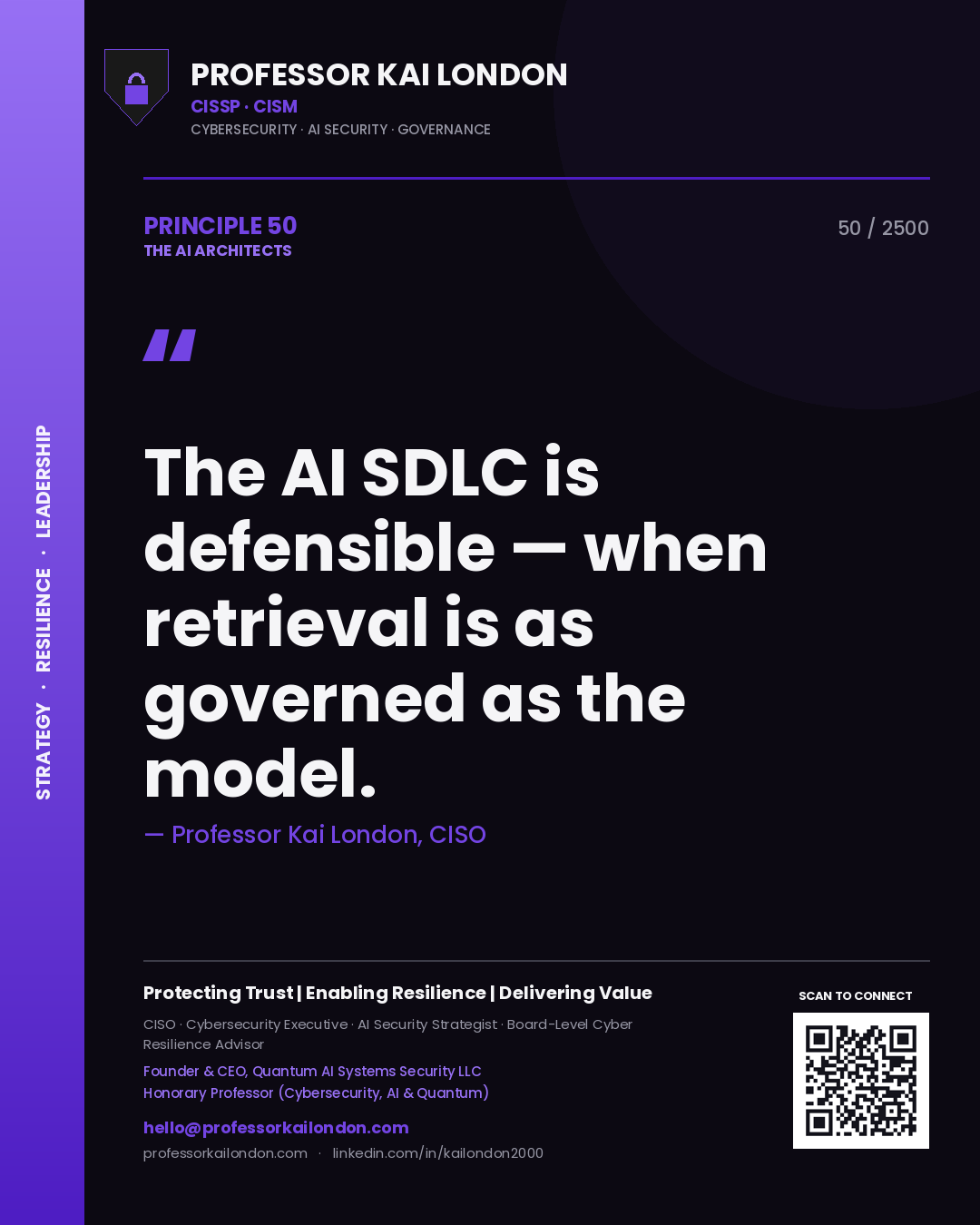 Quote card by Professor Kai London reading 'The AI SDLC is defensible — when retrieval is as governed as the model.'. From the book The AI Architects.