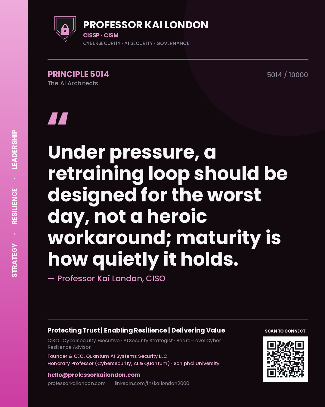 Quote card by Professor Kai London reading 'Under pressure, a retraining loop should be designed for the worst day, not a heroic workaround; maturity is how quietly it holds.'. From the book The AI Architects.