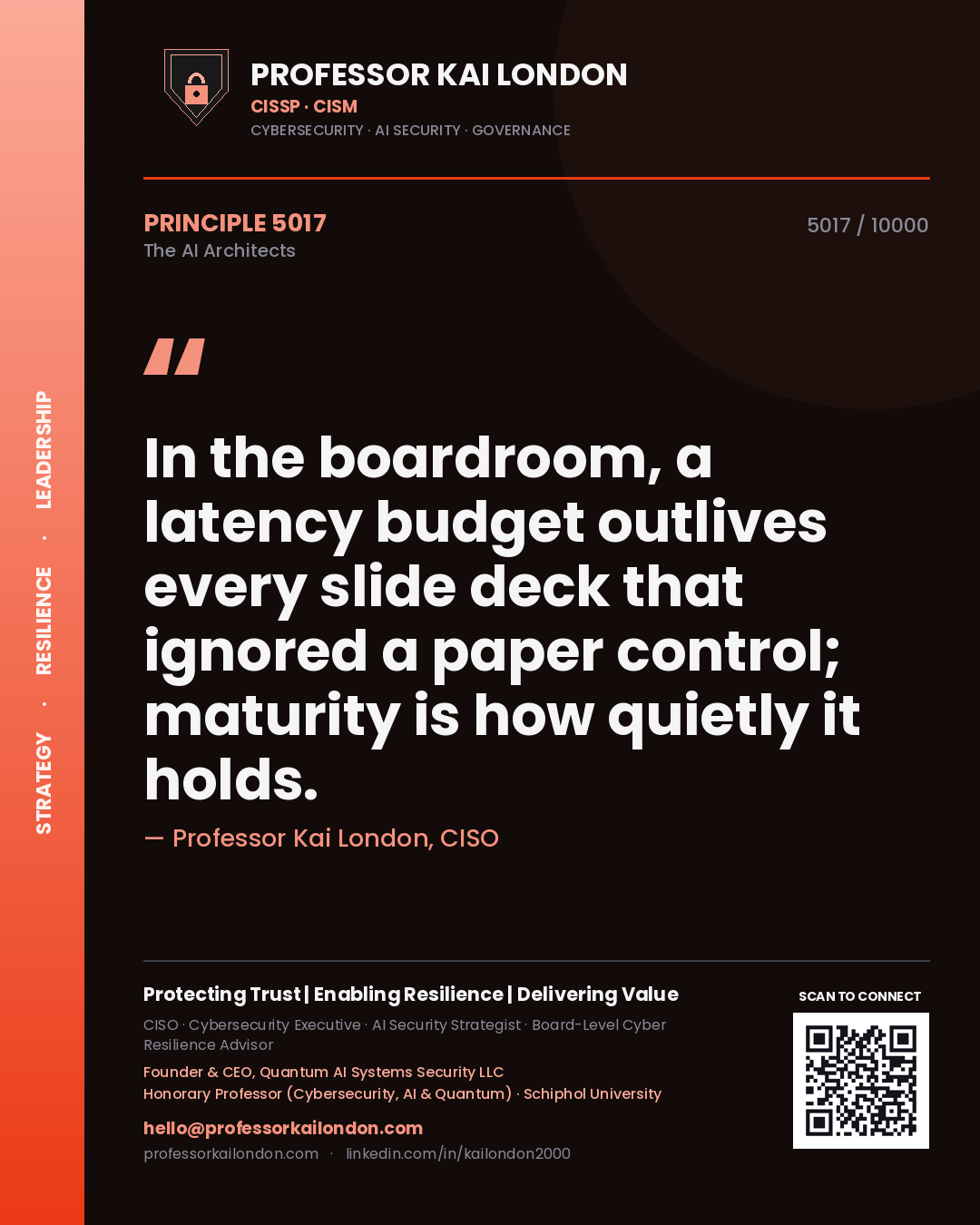 Professor Kai London principle 5017: In the boardroom, a latency budget outlives every slide deck that ignored a paper control; maturity is how quietly it holds.