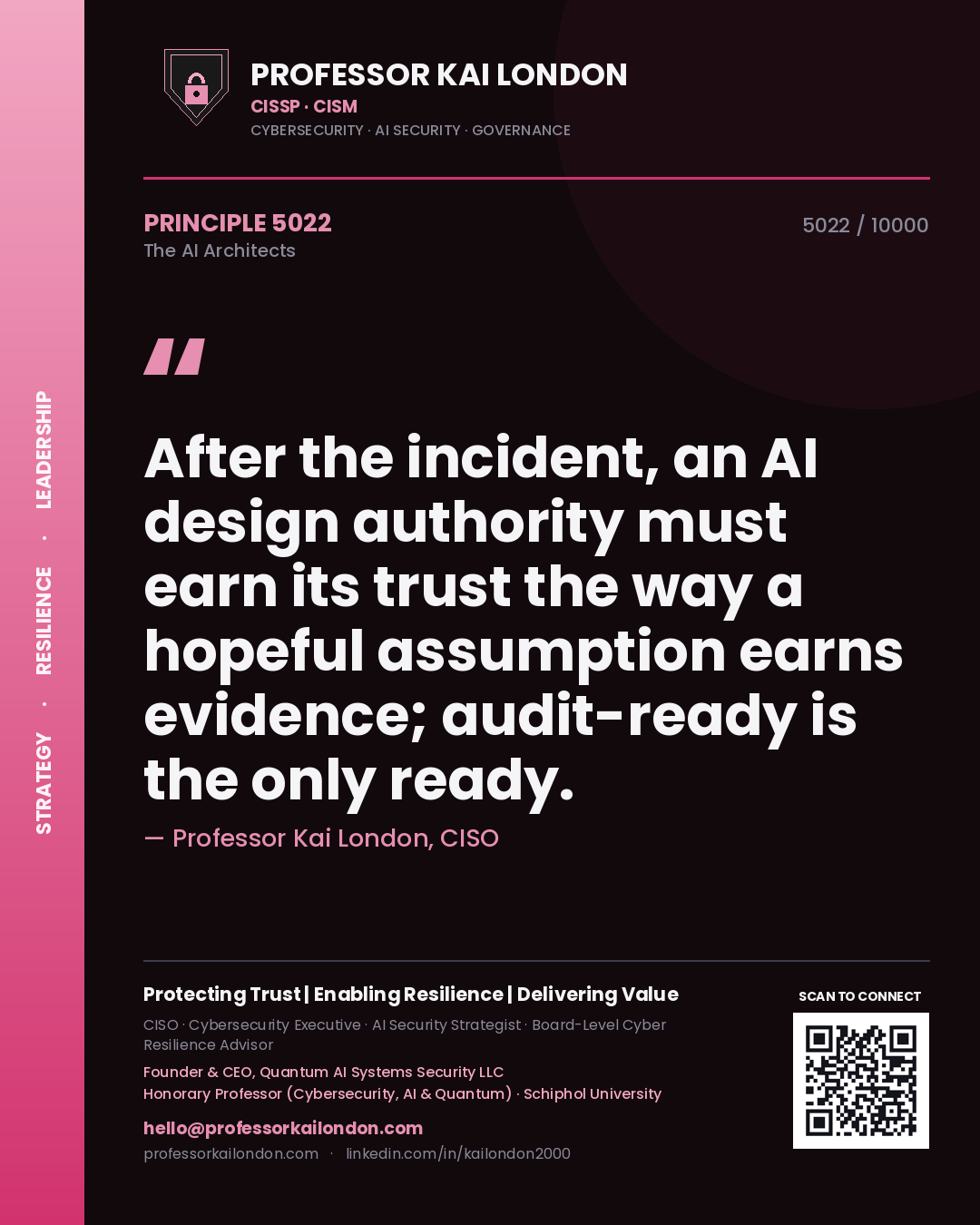 Quote card by Professor Kai London reading 'After the incident, an AI design authority must earn its trust the way a hopeful assumption earns evidence; audit-ready is the only ready.'. From the book The AI Architects.