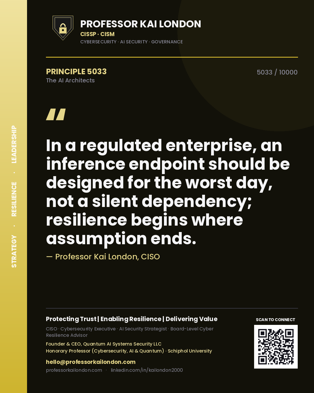 Quote card by Professor Kai London reading 'In a regulated enterprise, an inference endpoint should be designed for the worst day, not a silent dependency; resilience begins where assumption ends.'. From the book The AI Architects.
