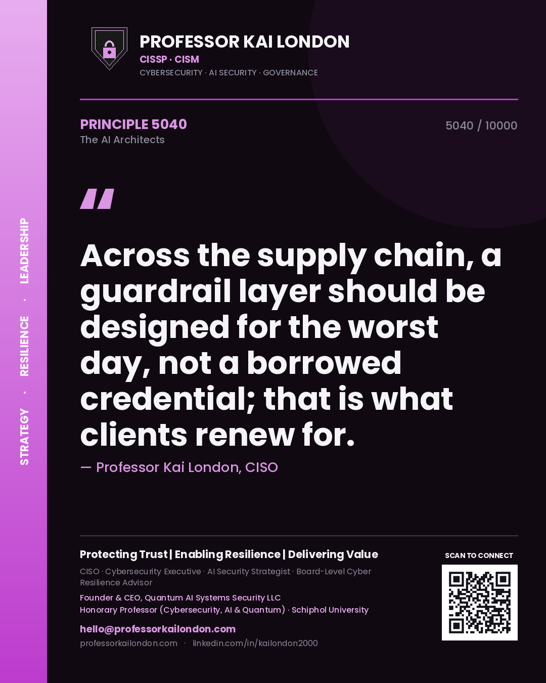 Quote card by Professor Kai London reading 'Across the supply chain, a guardrail layer should be designed for the worst day, not a borrowed credential; that is what clients renew for.'. From the book The AI Architects.