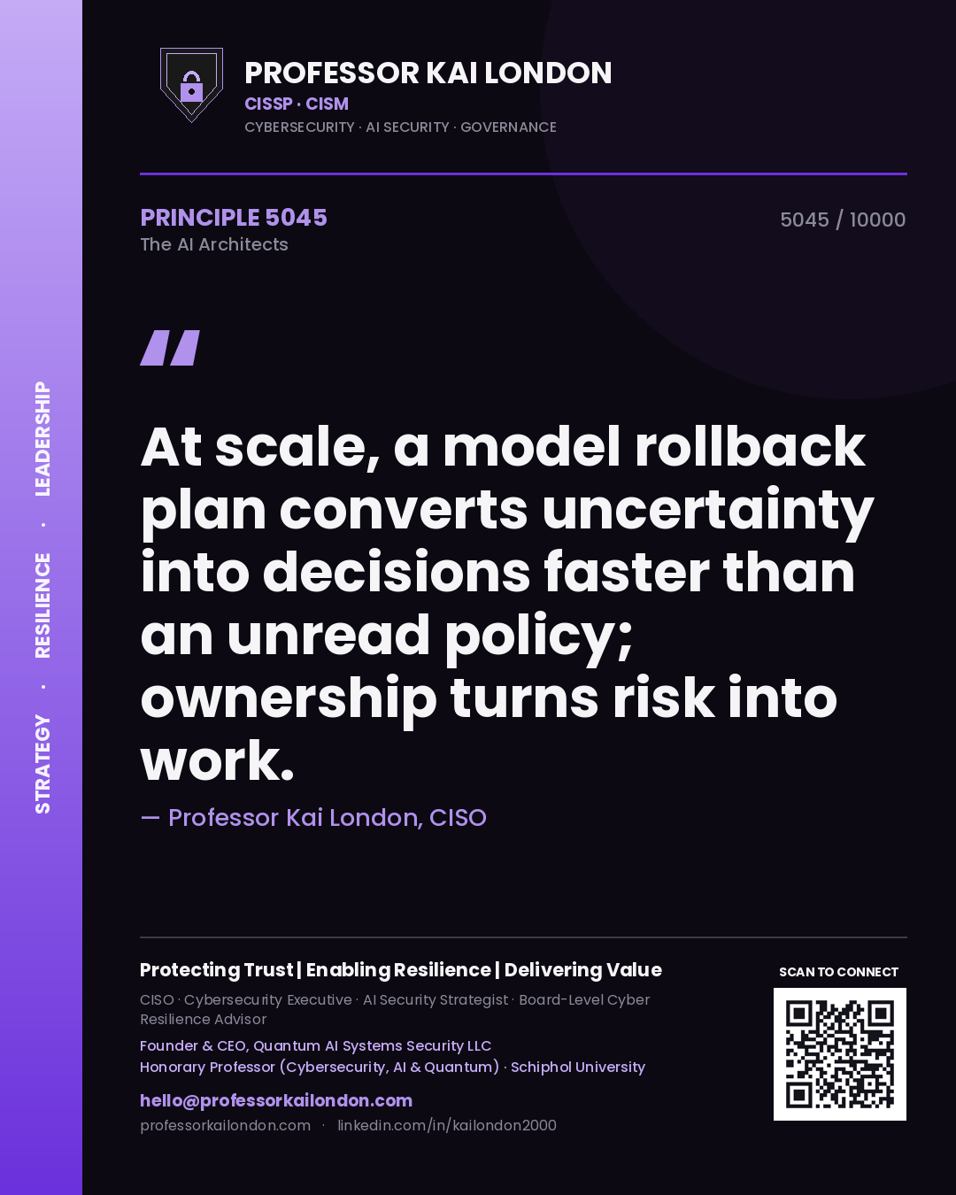 Quote card by Professor Kai London reading 'At scale, a model rollback plan converts uncertainty into decisions faster than an unread policy; ownership turns risk into work.'. From the book The AI Architects.