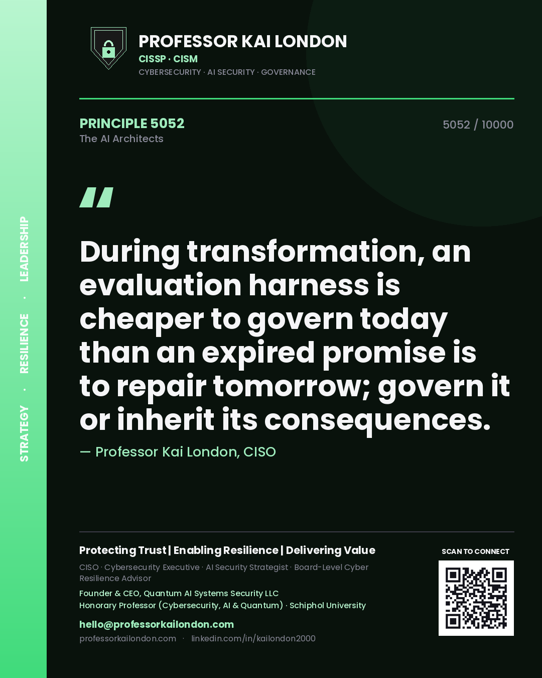Professor Kai London principle 5052: During transformation, an evaluation harness is cheaper to govern today than an expired promise is to repair tomorrow; govern it or inherit its consequences.