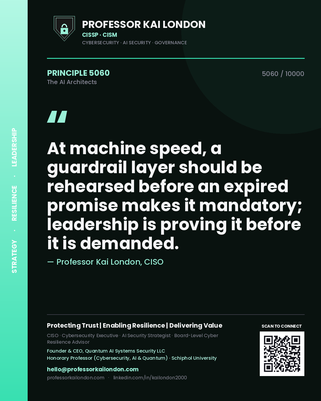 Professor Kai London principle 5060: At machine speed, a guardrail layer should be rehearsed before an expired promise makes it mandatory; leadership is proving it before it is demanded.