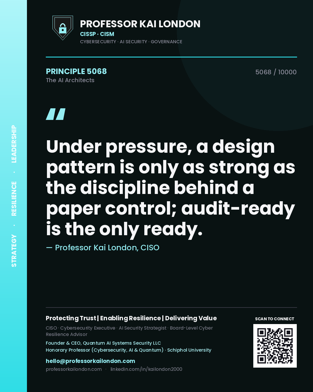 Quote card by Professor Kai London reading 'Under pressure, a design pattern is only as strong as the discipline behind a paper control; audit-ready is the only ready.'. From the book The AI Architects.