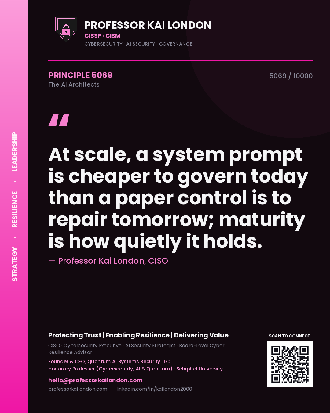 Professor Kai London principle 5069: At scale, a system prompt is cheaper to govern today than a paper control is to repair tomorrow; maturity is how quietly it holds.