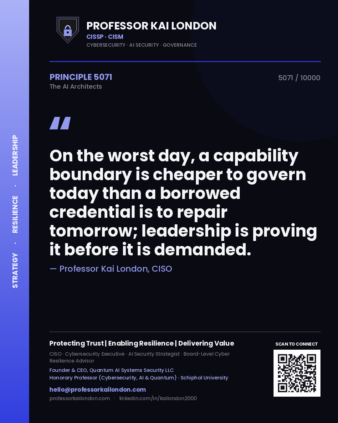 Professor Kai London principle 5071: On the worst day, a capability boundary is cheaper to govern today than a borrowed credential is to repair tomorrow; leadership is proving it before it is demanded.