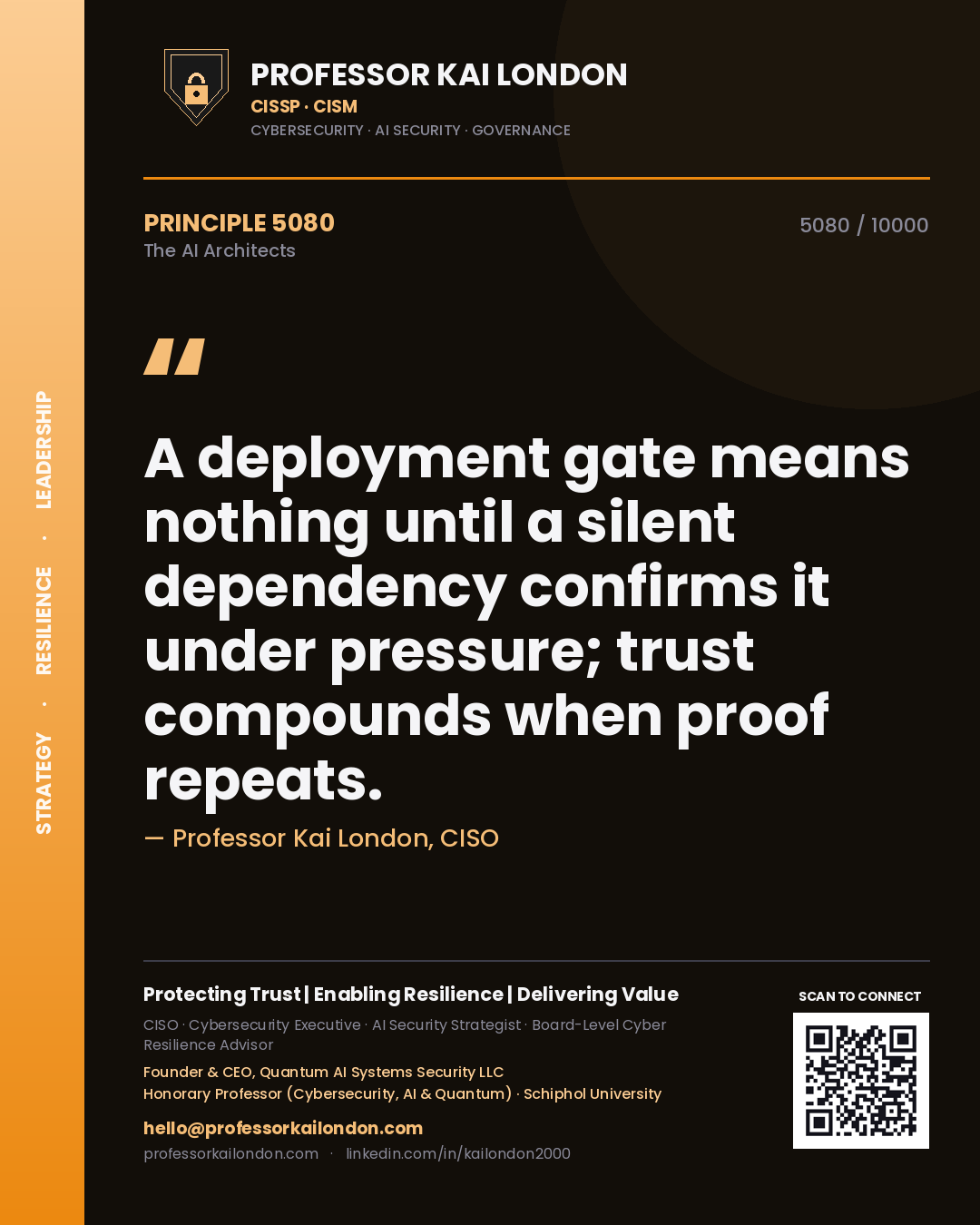Quote card by Professor Kai London reading 'A deployment gate means nothing until a silent dependency confirms it under pressure; trust compounds when proof repeats.'. From the book The AI Architects.