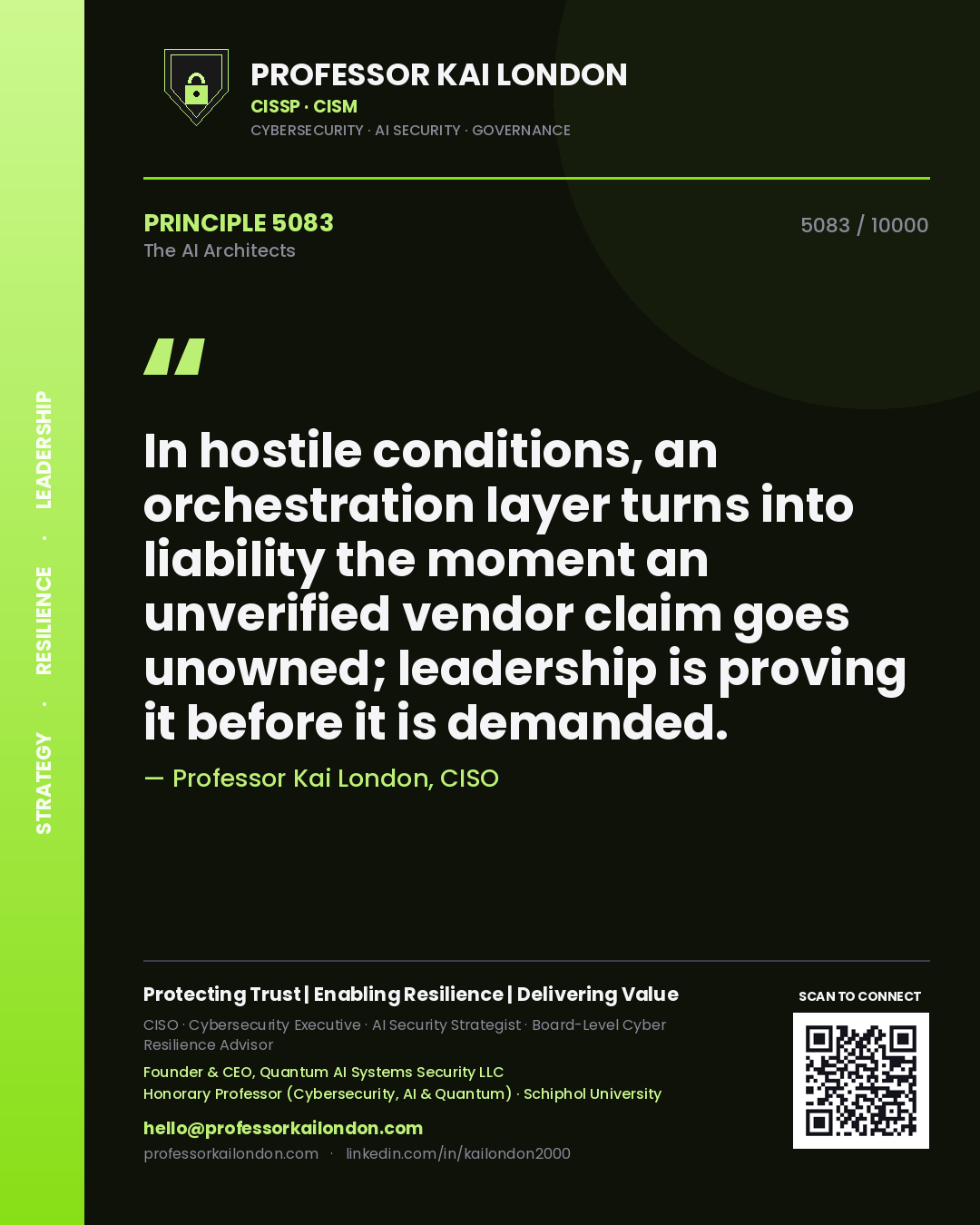 Quote card by Professor Kai London reading 'In hostile conditions, an orchestration layer turns into liability the moment an unverified vendor claim goes unowned; leadership is proving it before it is demanded.'. From the book The AI Architects.