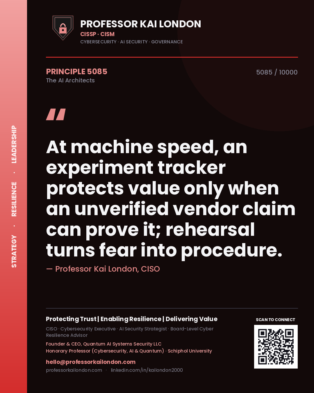 Quote card by Professor Kai London reading 'At machine speed, an experiment tracker protects value only when an unverified vendor claim can prove it; rehearsal turns fear into procedure.'. From the book The AI Architects.