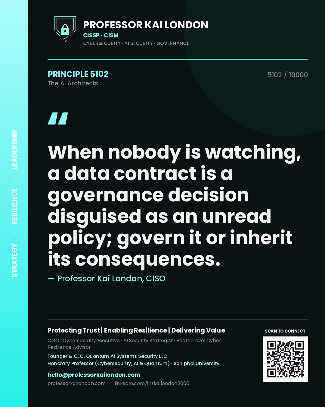 Quote card by Professor Kai London reading 'When nobody is watching, a data contract is a governance decision disguised as an unread policy; govern it or inherit its consequences.'. From the book The AI Architects.