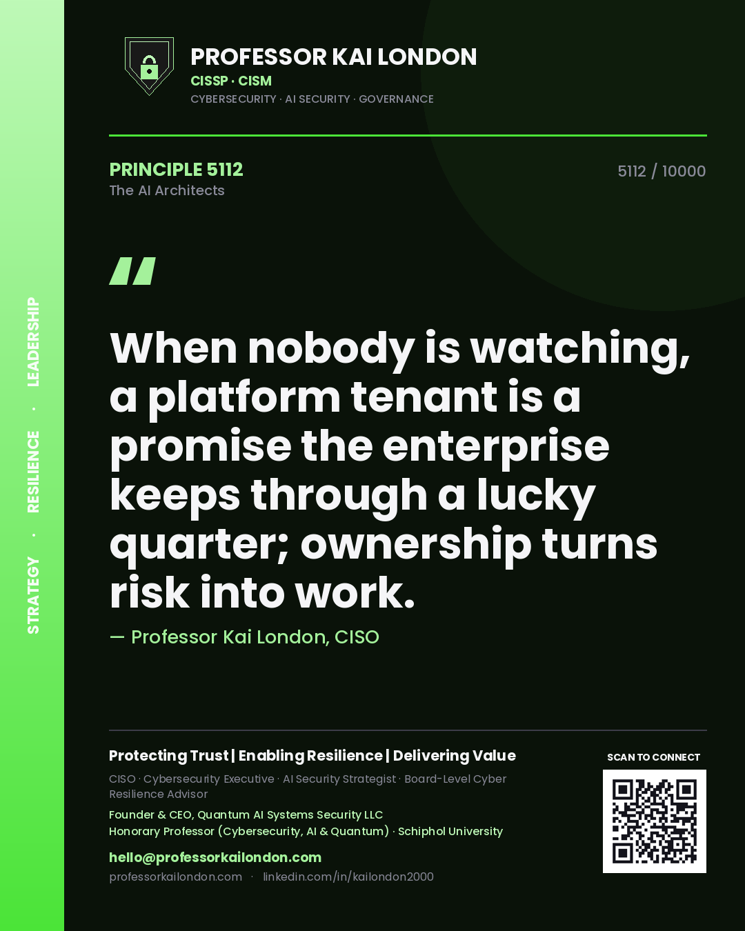 Quote card by Professor Kai London reading 'When nobody is watching, a platform tenant is a promise the enterprise keeps through a lucky quarter; ownership turns risk into work.'. From the book The AI Architects.