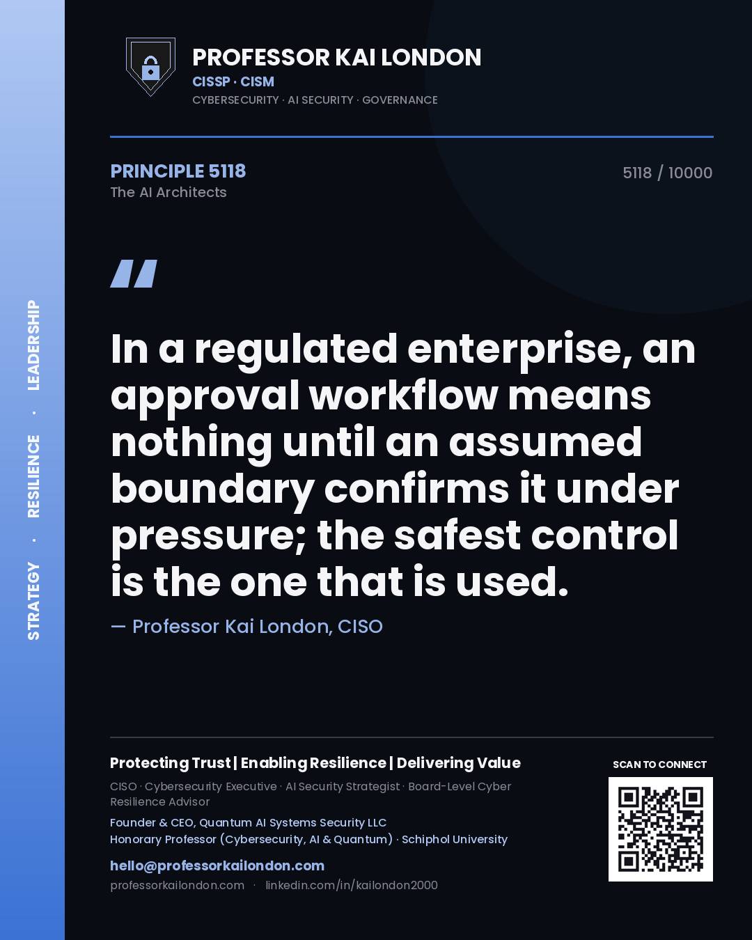 Quote card by Professor Kai London reading 'In a regulated enterprise, an approval workflow means nothing until an assumed boundary confirms it under pressure; the safest control is the one that is used.'. From the book The AI Architects.