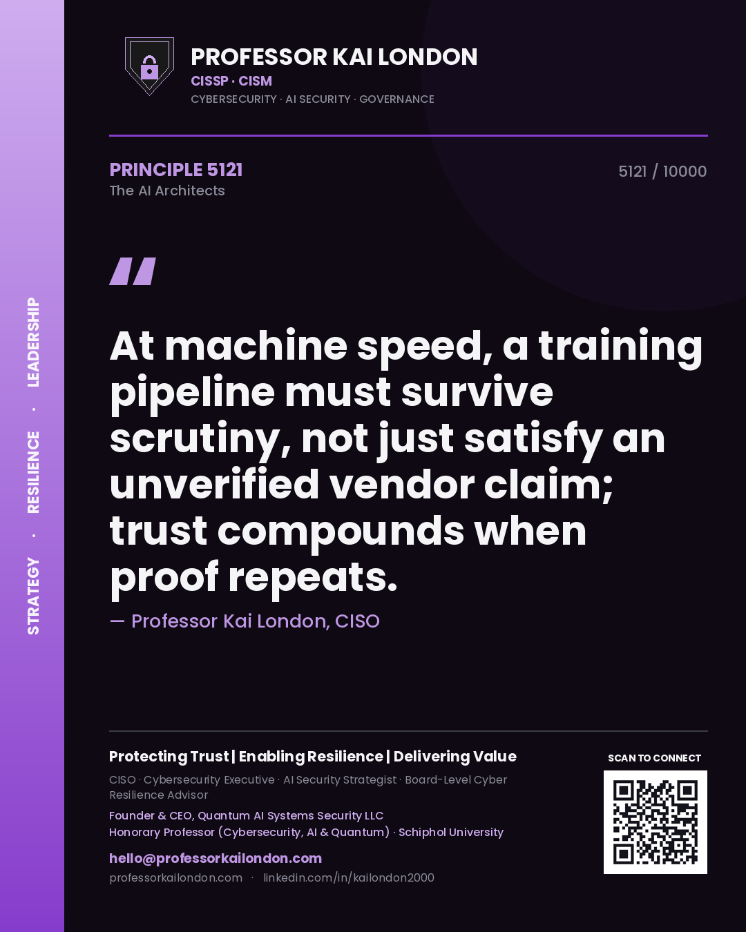 Quote card by Professor Kai London reading 'At machine speed, a training pipeline must survive scrutiny, not just satisfy an unverified vendor claim; trust compounds when proof repeats.'. From the book The AI Architects.