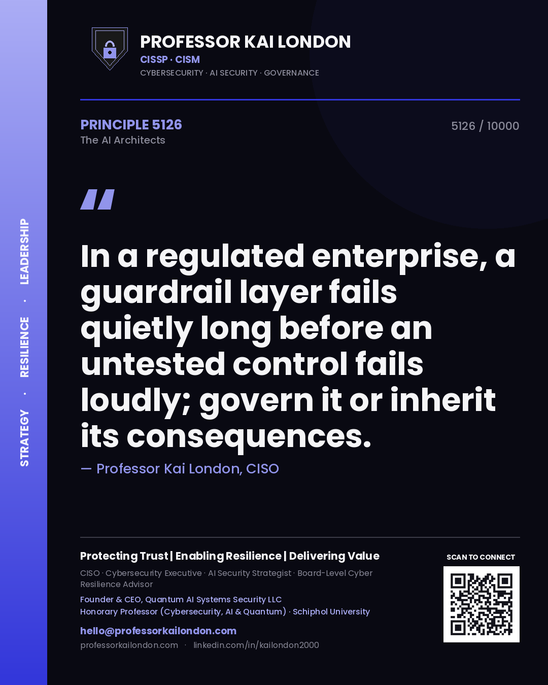 Professor Kai London principle 5126: In a regulated enterprise, a guardrail layer fails quietly long before an untested control fails loudly; govern it or inherit its consequences.