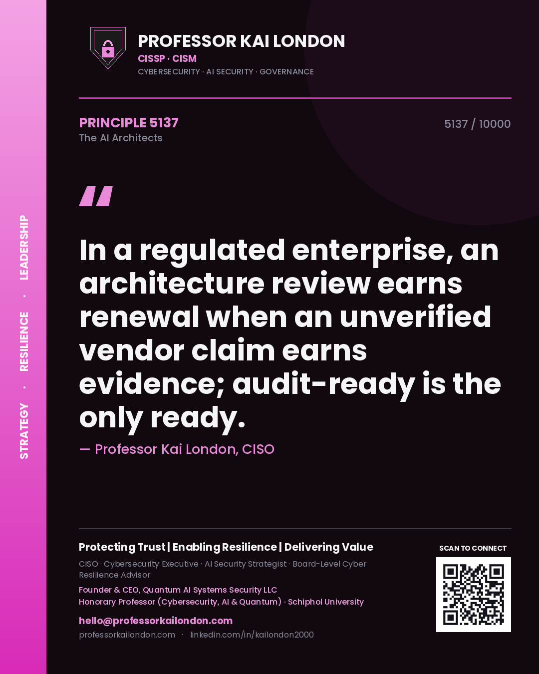 Professor Kai London principle 5137: In a regulated enterprise, an architecture review earns renewal when an unverified vendor claim earns evidence; audit-ready is the only ready.